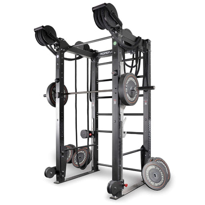 ROPEFLEX black rope climbing machine with Lacertosus weights for gym strength training.