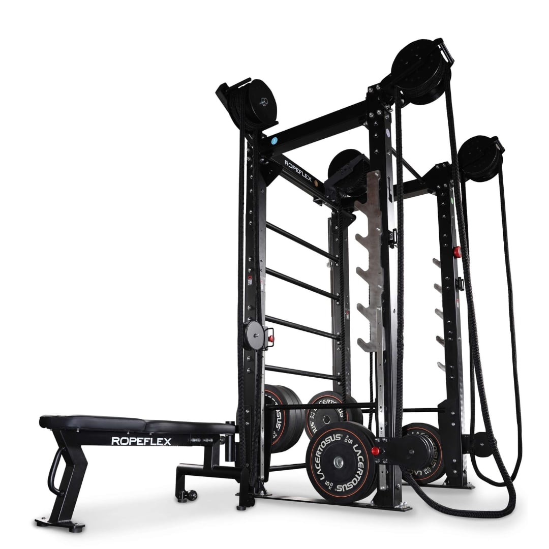 ROPEFLEX fitness machine with black ropes and weight plates for strength training.