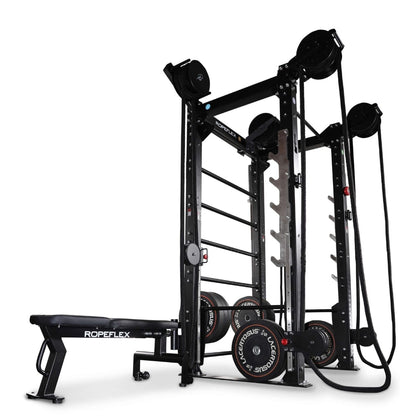 ROPEFLEX fitness machine with black ropes and weight plates for strength training.