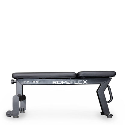 Ropeflex flat weight bench with black padding and sturdy steel frame.