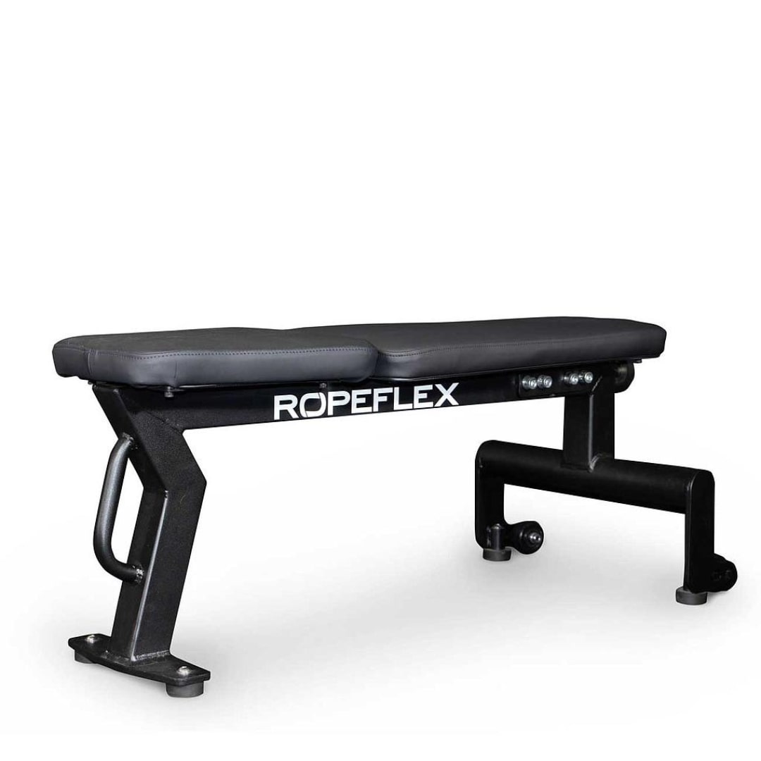 Ropeflex flat workout bench with black padded surface and sturdy steel frame.