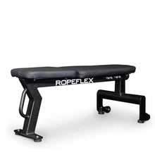Ropeflex flat workout bench with black padded surface and sturdy steel frame.