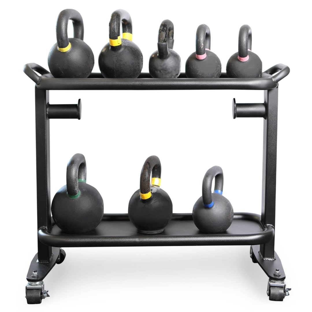 Kettlebell set on black rolling rack with color-coded handles for easy identification.