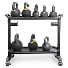 Kettlebell set on black rolling rack with color-coded handles for easy identification.
