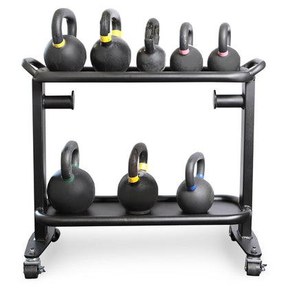 Kettlebell set on black rolling rack with color-coded handles for easy identification.