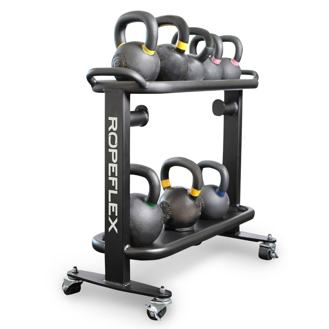 Ropeflex kettlebell rack with eight black kettlebells on wheels for easy gym equipment storage.