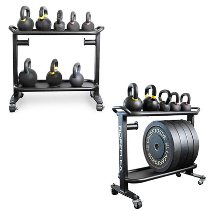 Ropeflex kettlebell storage rack with black kettlebells and weight plates, featuring a compact design on wheels.