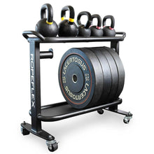 Ropeflex gym storage rack with kettlebells and Lacertosus weight plates on wheels.
