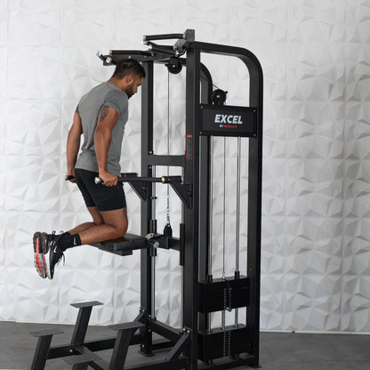 Man using Excel dip machine for tricep workout in gym.