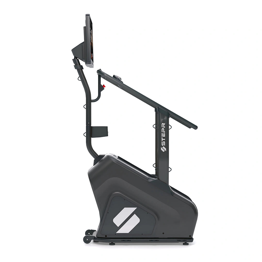 STEPR – rear angle featuring ventilated motor cover, transport wheels, and stabilizer feet for secure placement