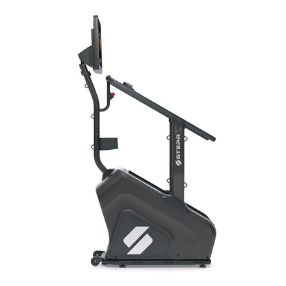 STEPR – rear angle featuring ventilated motor cover, transport wheels, and stabilizer feet for secure placement