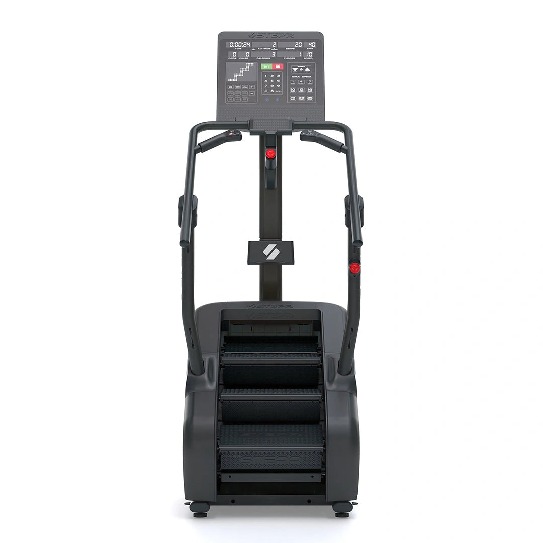 STEPR – close-up of interactive LED console, quick-select resistance keys, and sturdy steel handlebars