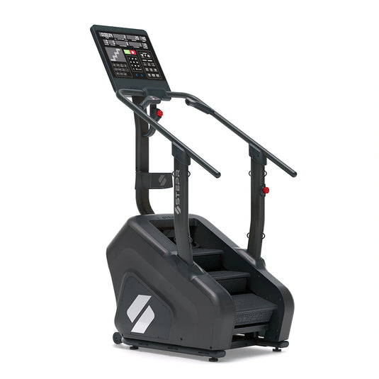STEPR – front-left view of compact smart stair climber with bright LED console, cushioned rotating steps, and slim footprint for home gyms
