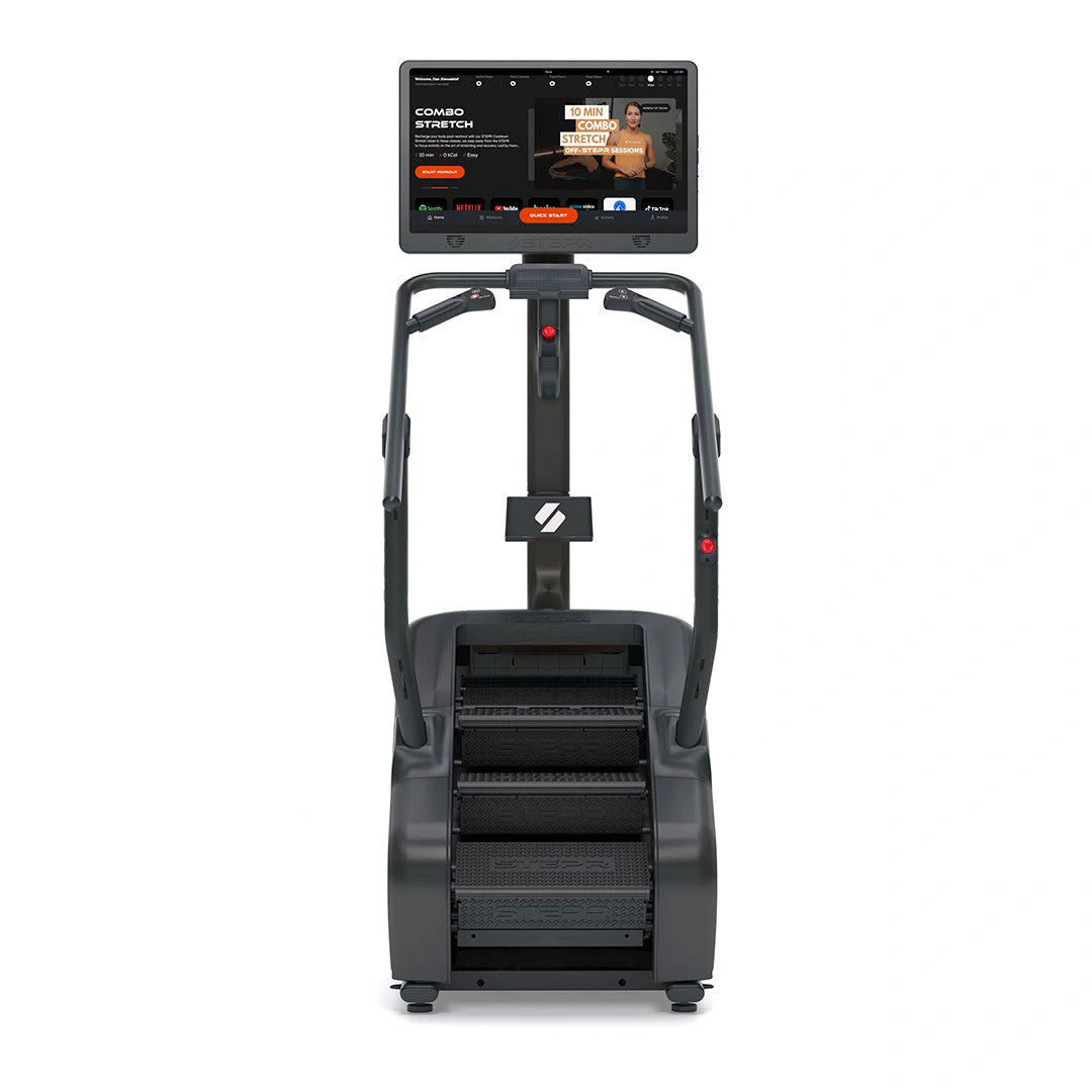 STEPR – athlete climbing on stair machine demonstrating smooth, low-impact cardio workout