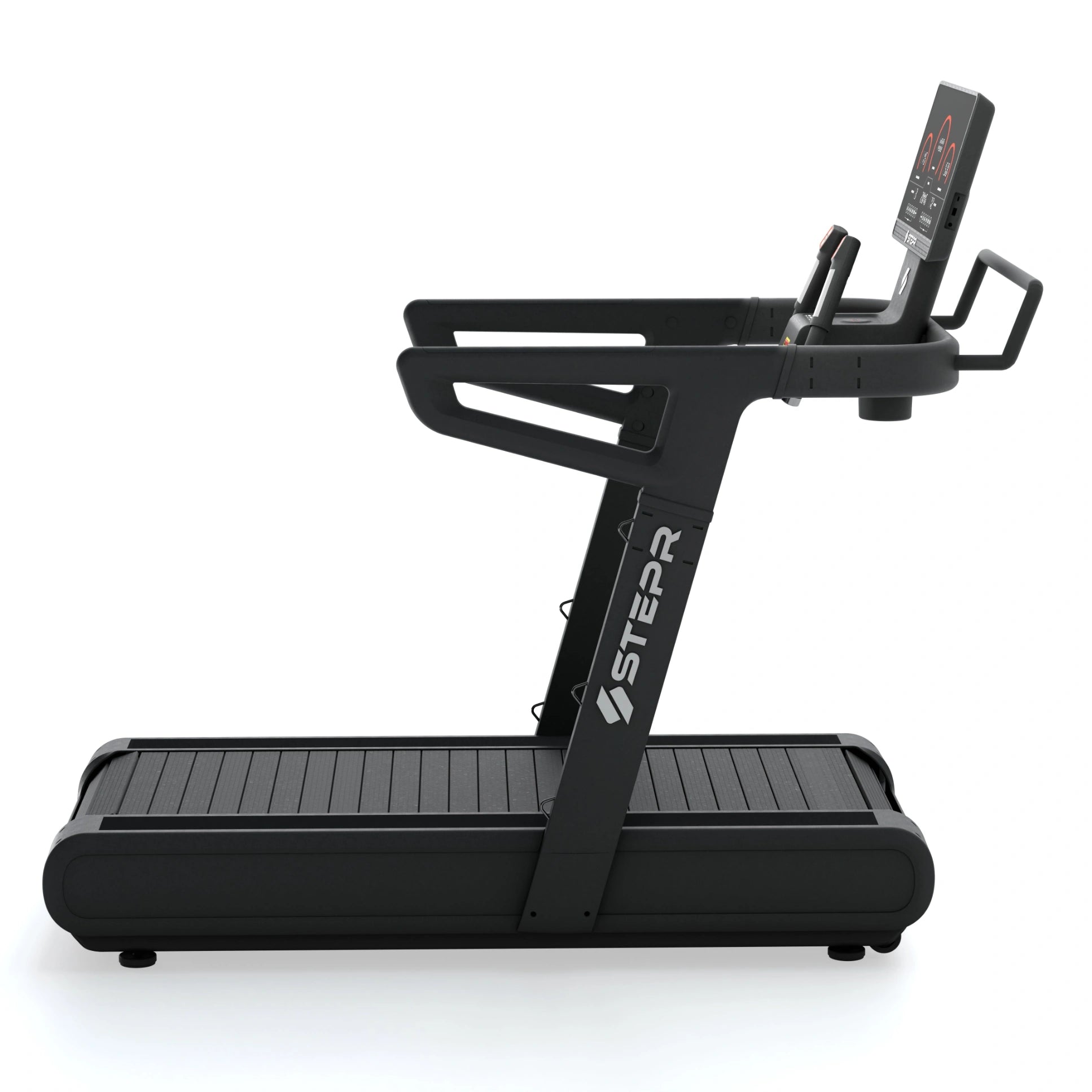 STEPR All-In Tread XL – side profile showing low-impact shock-absorbing belt, quick-adjust speed keys, and compact footprint