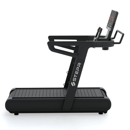 STEPR All-In Tread XL – side profile showing low-impact shock-absorbing belt, quick-adjust speed keys, and compact footprint