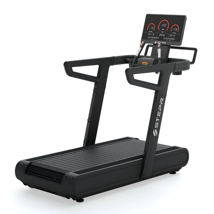 STEPR All-In Tread XL – front-left view of smart treadmill with oversized swivel HD screen, cushioned running deck, and sleek steel frame