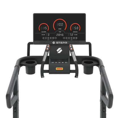 STEPR All-In Tread XL – rear angle highlighting ventilated motor housing, transport wheels, and wide stabilizer feet
