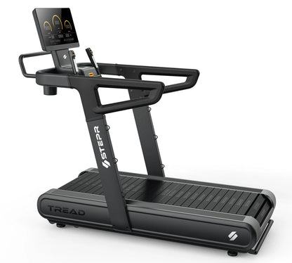 STEPR All-In Tread XL – treadmill folded upright against wall, illustrating hydraulic lift and space-saving vertical storage