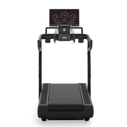 STEPR All-In Tread XL – lifestyle scene with treadmill centered in modern home gym ready for interactive cardio sessions