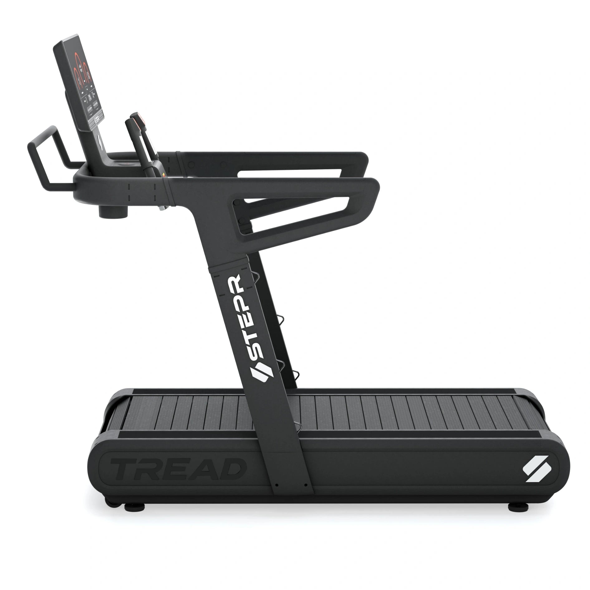 STEPR All-In Tread XL – close-up of intuitive touchscreen console streaming immersive running class with live performance metrics