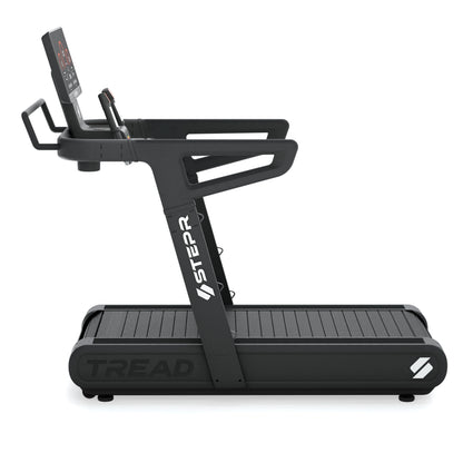 STEPR All-In Tread XL – close-up of intuitive touchscreen console streaming immersive running class with live performance metrics