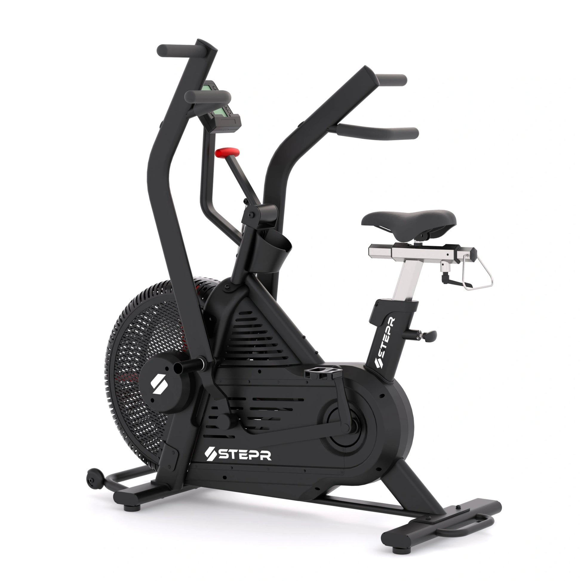 STEPR Bionic Bike XL – close-up of handlebar cockpit with resistance shifters and performance screen