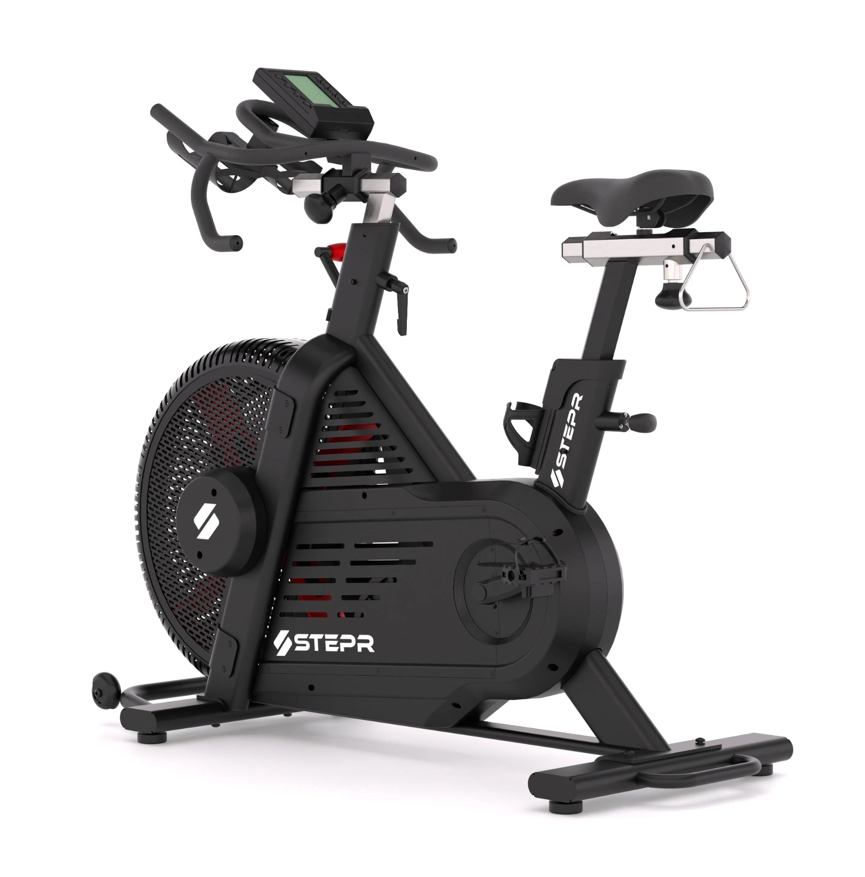 STEPR Cycle XL – oversized swivel HD screen rotated for off-bike strength training and stretching sessions
