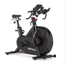 STEPR Cycle XL – side view of smart studio bike with pivoting HD touchscreen, silent belt-drive flywheel, and adjustable race saddle