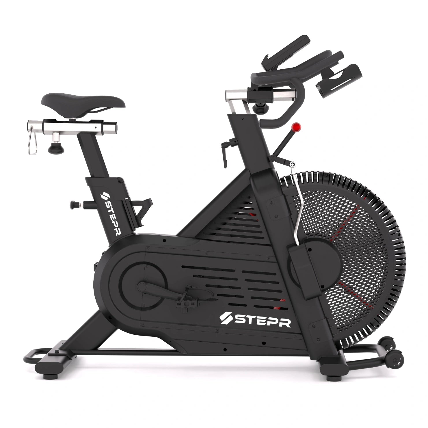 STEPR Cycle XL – close-up of interactive touchscreen console streaming immersive spin class with real-time performance metrics