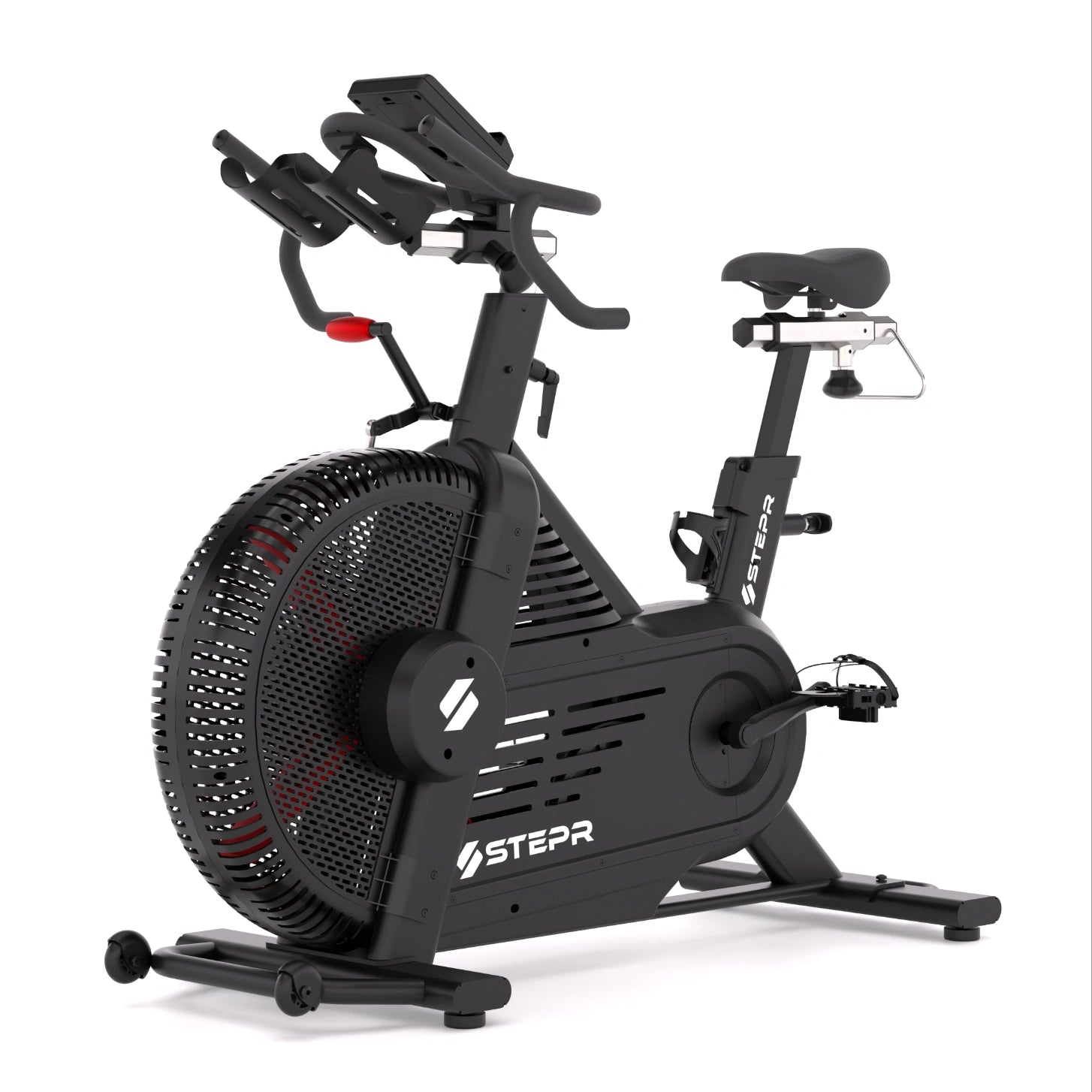 STEPR Cycle XL – front-left angle highlighting ergonomic handlebars, magnetic resistance knob, and sturdy steel frame for home cycling