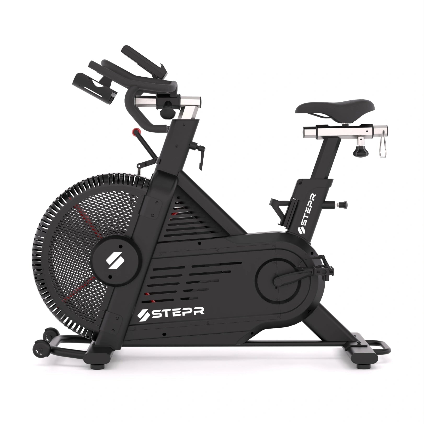 STEPR Cycle XL – close-up of contoured saddle with fore-aft rails and quick-release height adjustment