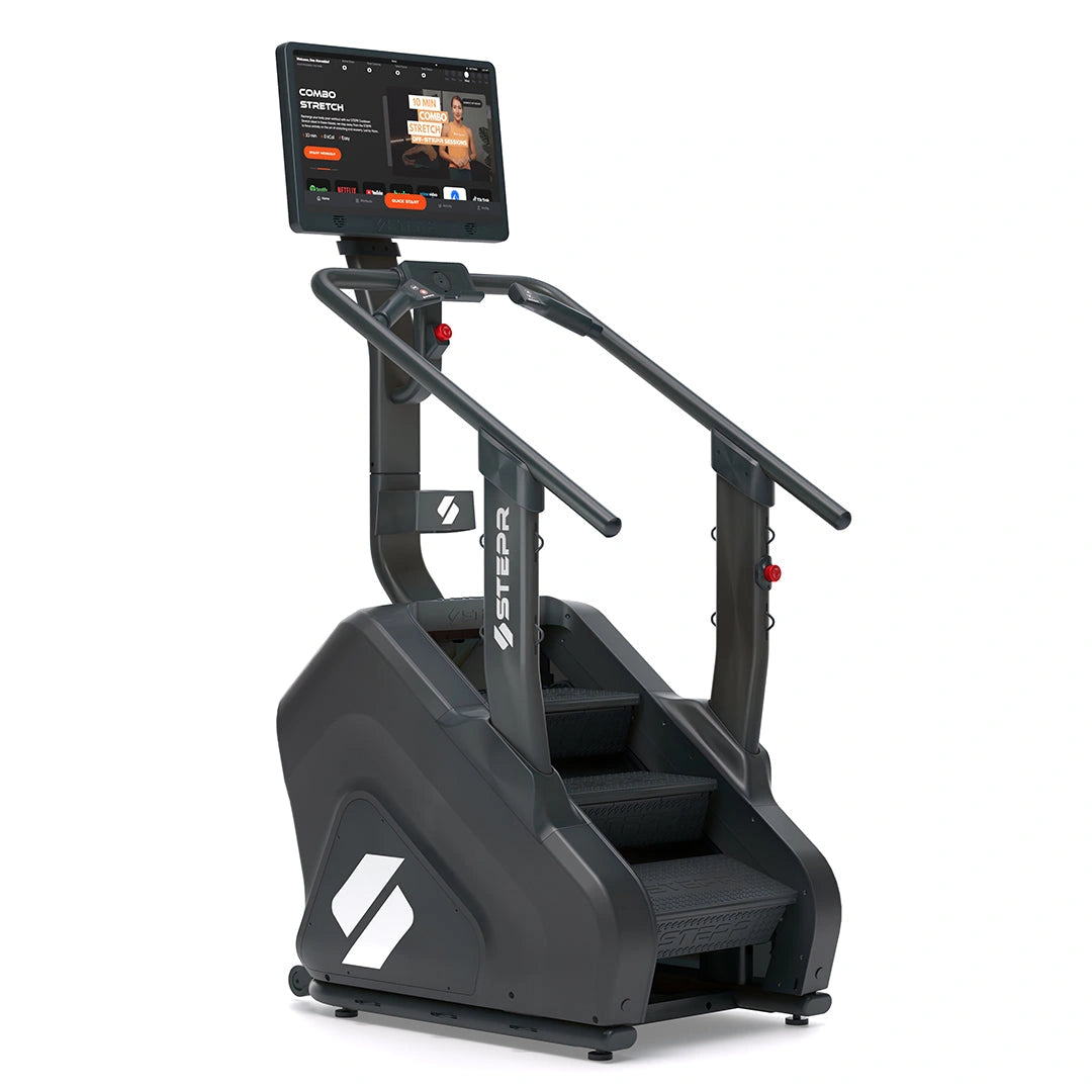 STEPR PRO – side profile displaying drive housing, step cascade, and ergonomic multi-grip handrails