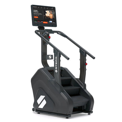 STEPR PRO – side profile displaying drive housing, step cascade, and ergonomic multi-grip handrails