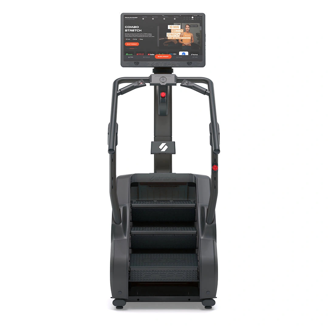 STEPR PRO – rear angle showing ventilated motor cover, transport wheels, and stabilizer feet for secure placement