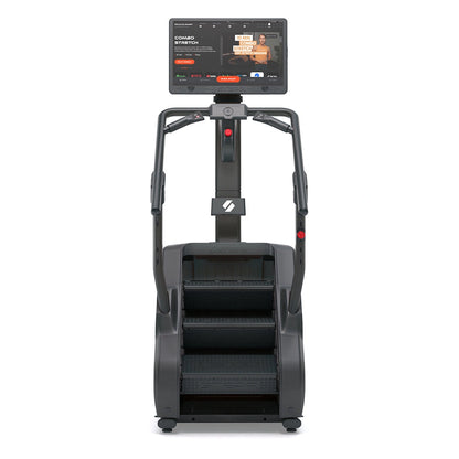 STEPR PRO – rear angle showing ventilated motor cover, transport wheels, and stabilizer feet for secure placement