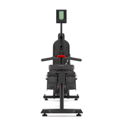 STEPR Rower XL – rear view zooming in on ventilated flywheel housing and durable belt pulley system