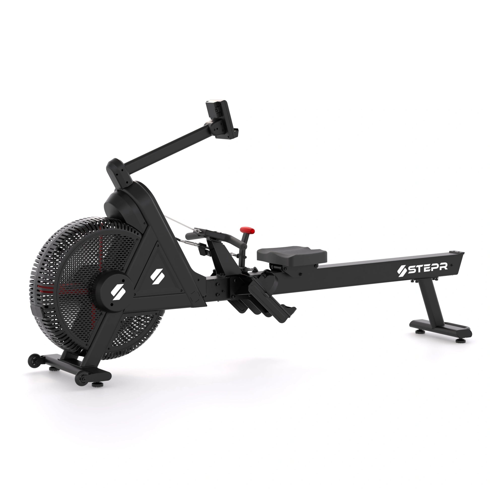 STEPR Rower XL – overhead perspective showing wide stabilizer feet and transport wheels for easy relocation