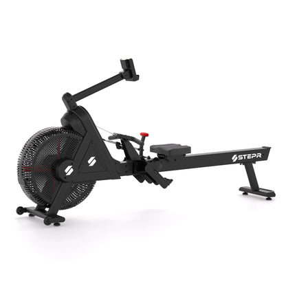 STEPR Rower XL – overhead perspective showing wide stabilizer feet and transport wheels for easy relocation