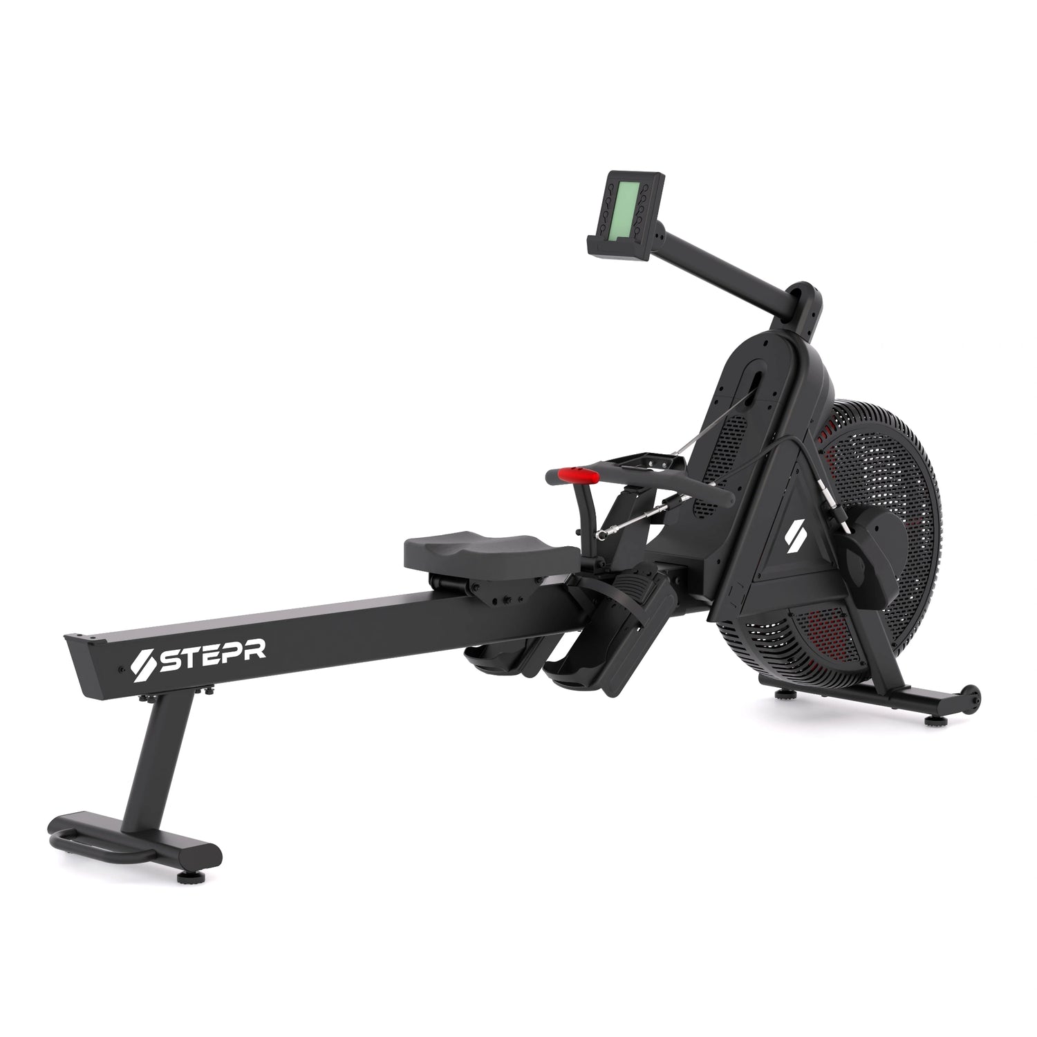 STEPR Rower XL – side profile of smart rowing machine with HD swivel screen, belt-drive flywheel, and ergonomic pull handle