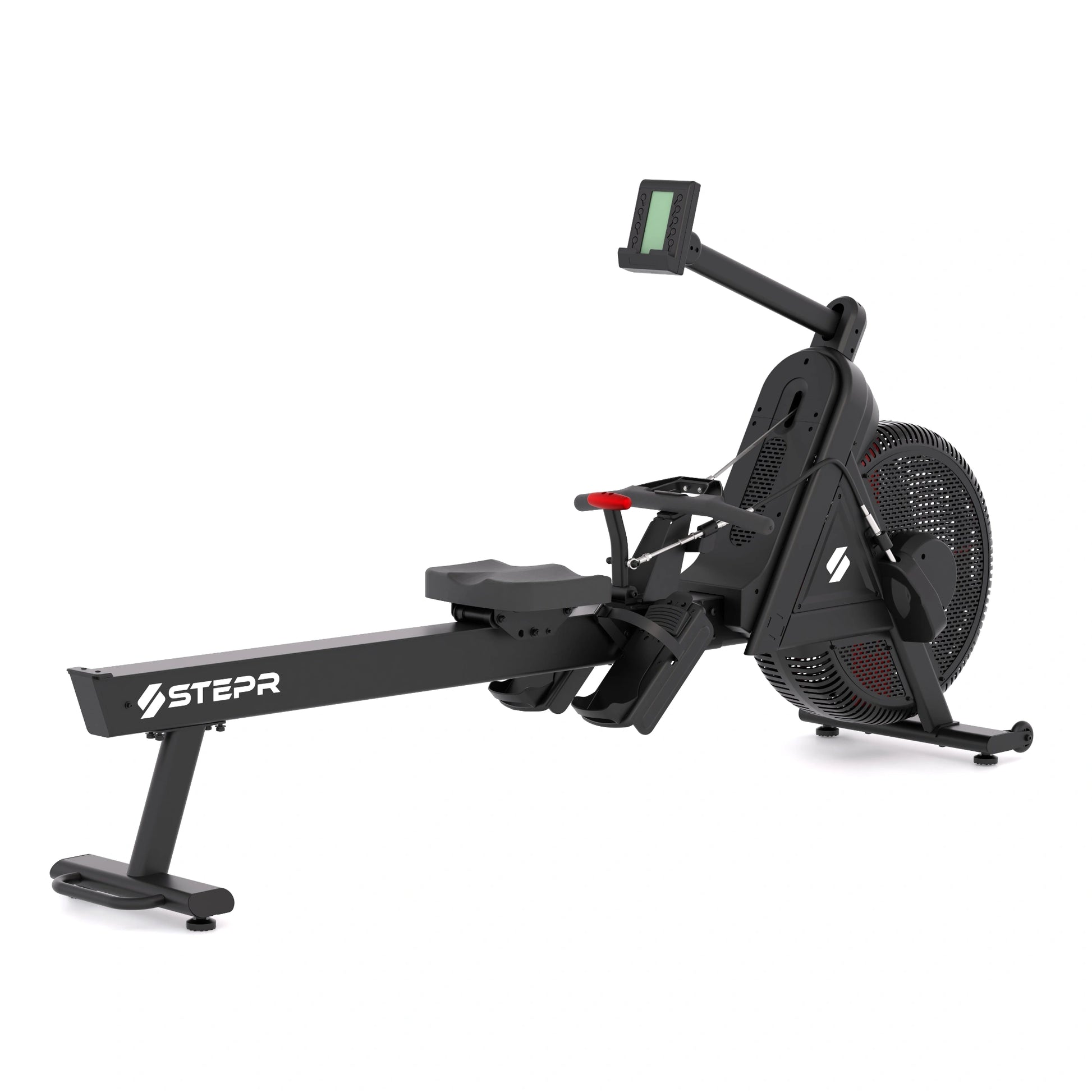 STEPR Rower XL – side profile of smart rowing machine with HD swivel screen, belt-drive flywheel, and ergonomic pull handle