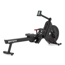 STEPR Rower XL – side profile of smart rowing machine with HD swivel screen, belt-drive flywheel, and ergonomic pull handle