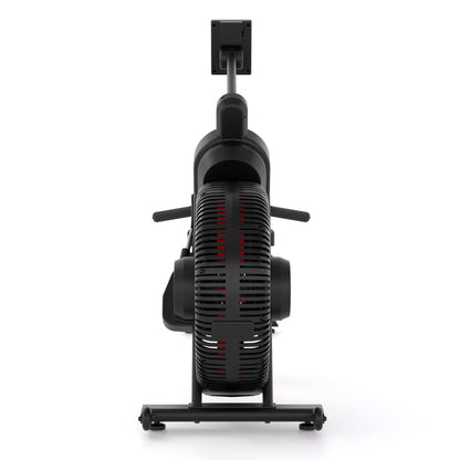 STEPR Rower XL – rower folded upright against wall demonstrating compact vertical storage for space-saving home gyms