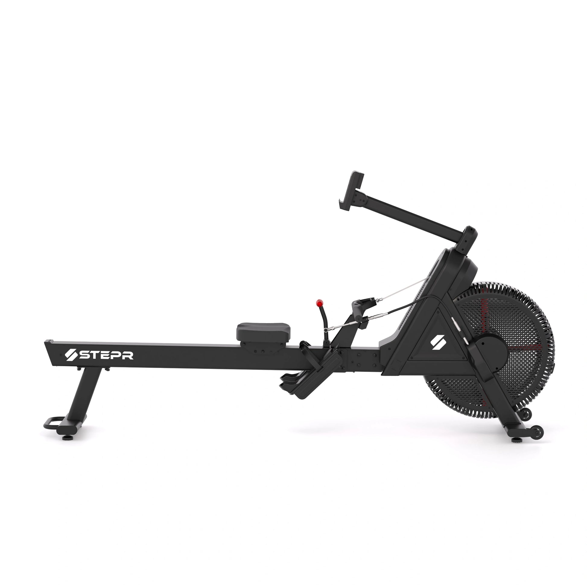 STEPR Rower XL – front-left angle highlighting aluminum slide rail, padded seat, and whisper-quiet magnetic resistance