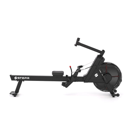 STEPR Rower XL – front-left angle highlighting aluminum slide rail, padded seat, and whisper-quiet magnetic resistance