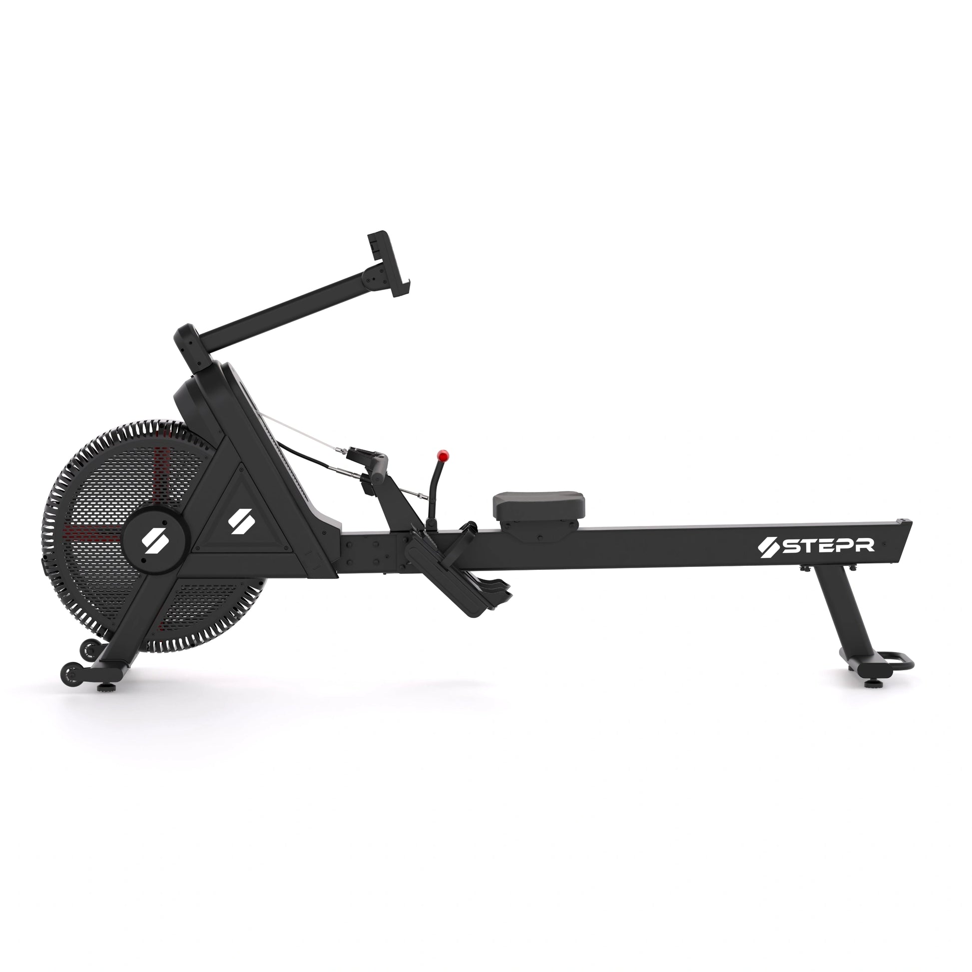 STEPR Rower XL – close-up of rotating touchscreen console streaming immersive rowing class with real-time performance metrics