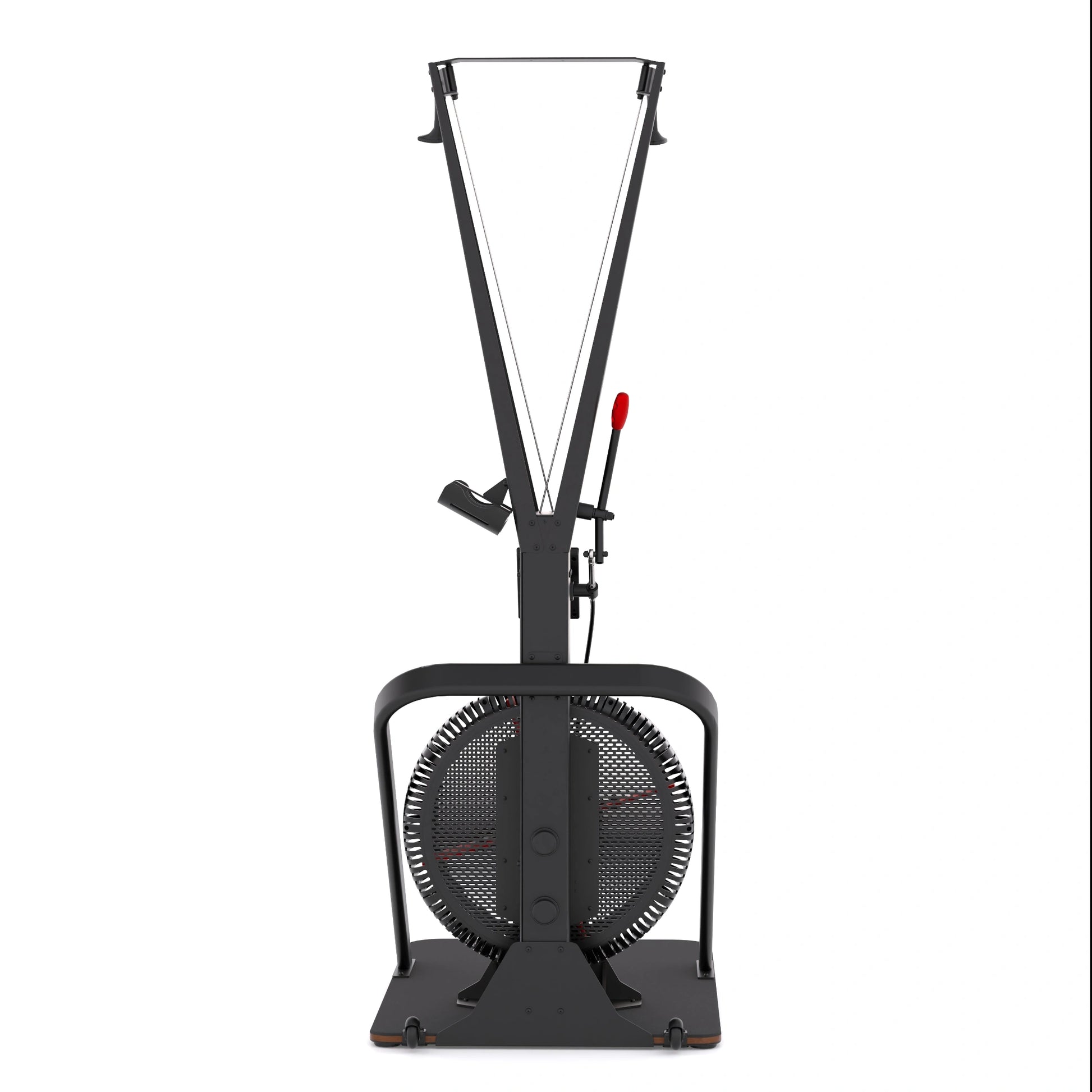 STEPR Ski XL – machine folded upright against wall, demonstrating compact storage capability after workouts