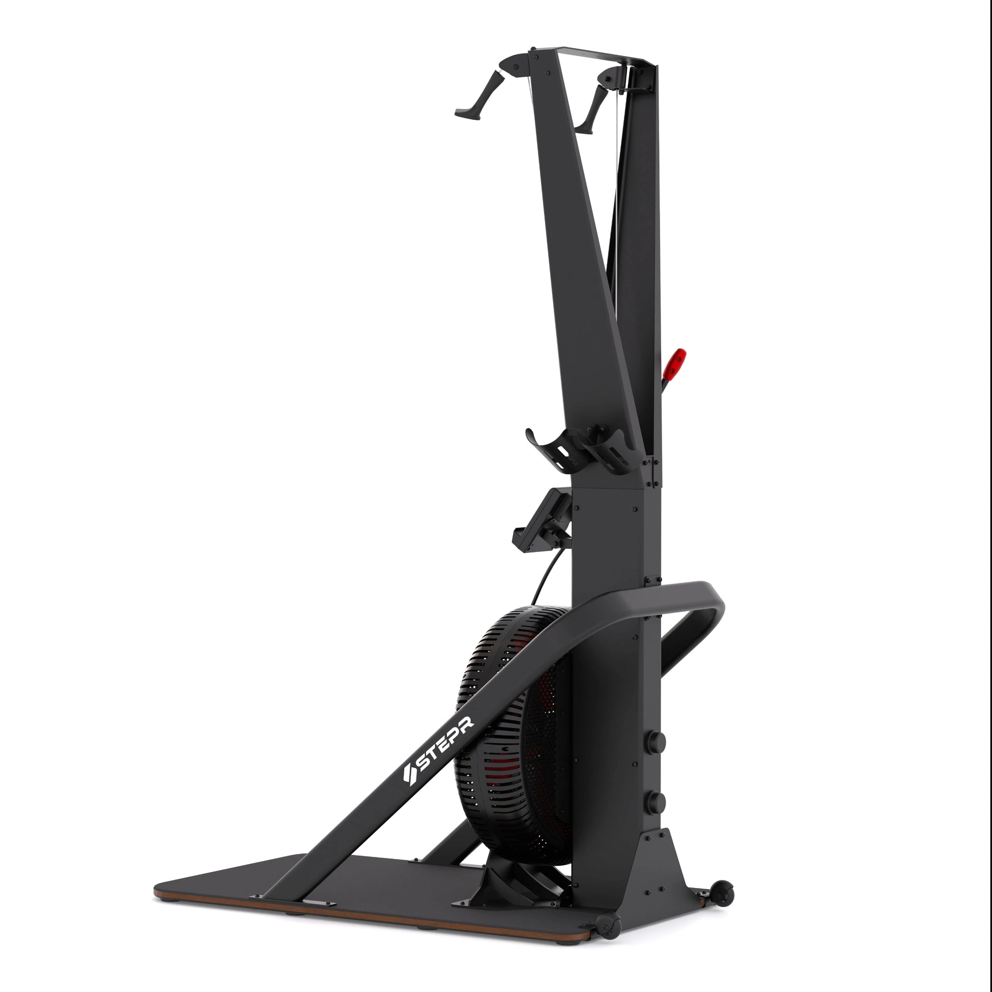 STEPR Ski XL – side profile highlighting adjustable resistance flywheel, cable system, and sleek steel frame