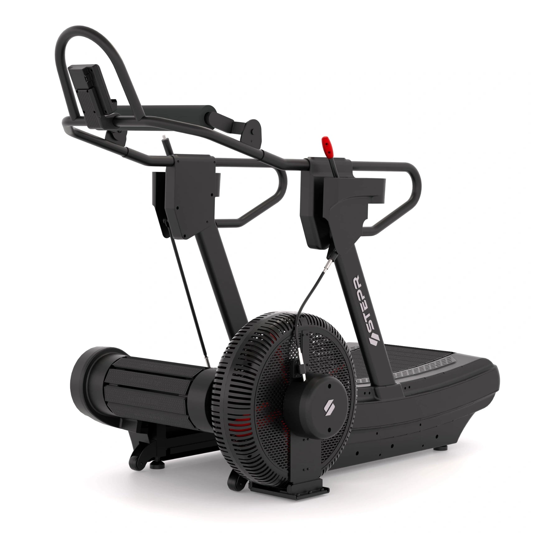 STEPR Treadsled XL – angled front shot highlighting adjustable sled poles, transport wheels, and non-motorized design