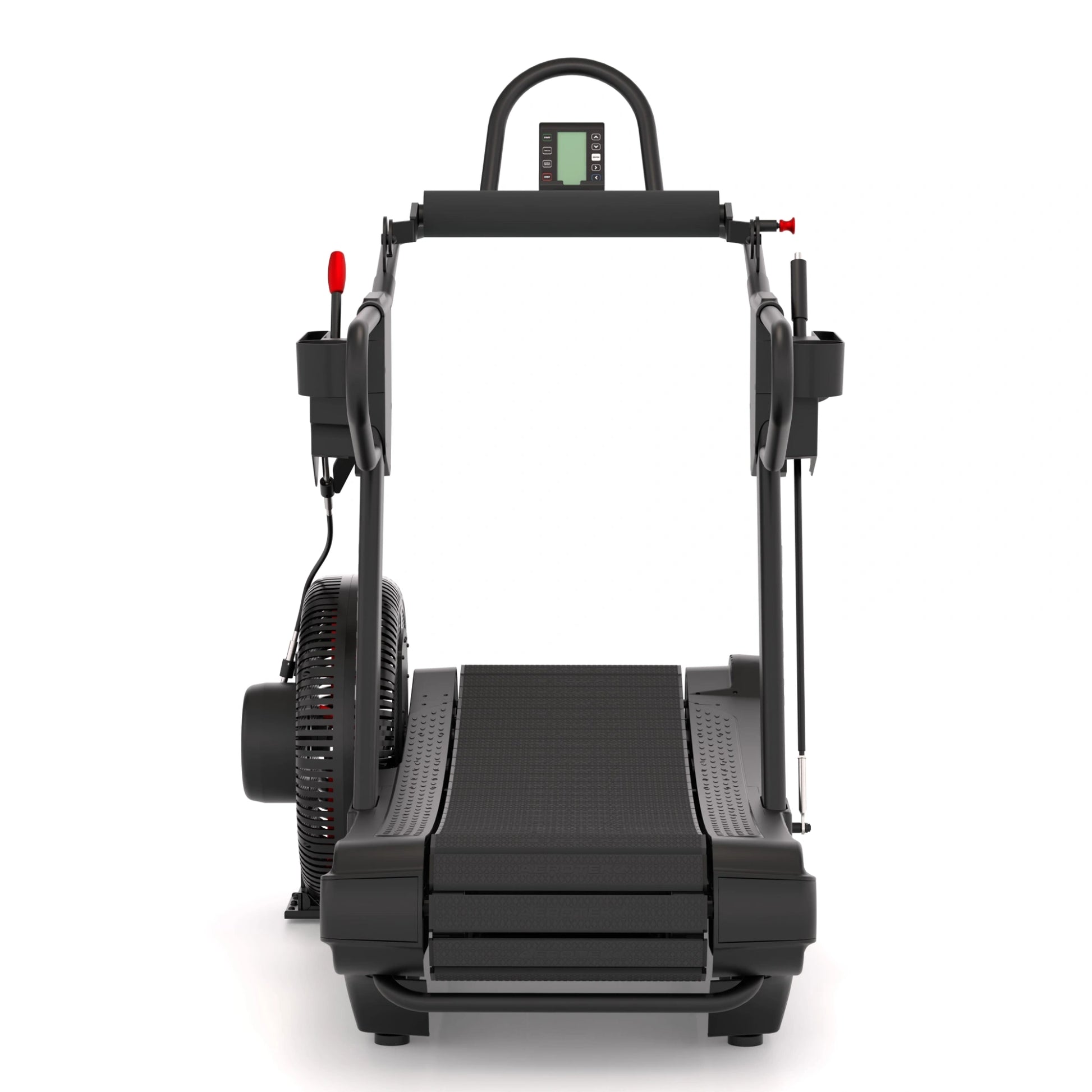STEPR Treadsled XL – rear angle showcasing resistance adjustment lever, curved track, and wide stabilizer feet